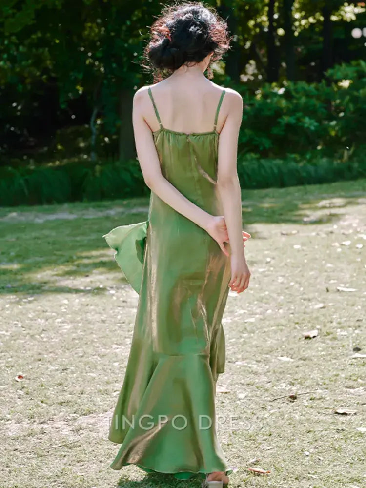 TingPo Wholesale Elegant Green Floral Mermaid Skirt Flounce Hem Summer Cami Dress